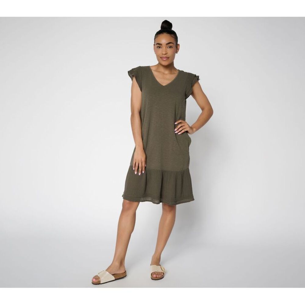 Anybody Women's Petite Dress PM Cotton Slub Jersey Gauze Mix Green